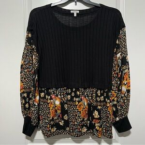 Maurices Women's Long Sleeve Ribbed Upper Knit Top In Black/Floral Multi